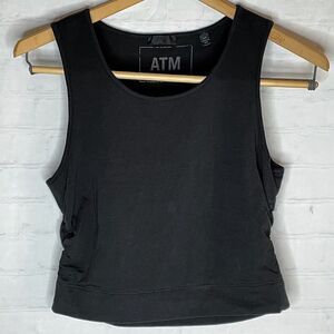 ATM Ruched Cropped Tank Top Womens Small Black Pima Cotton Sleeveless Tee